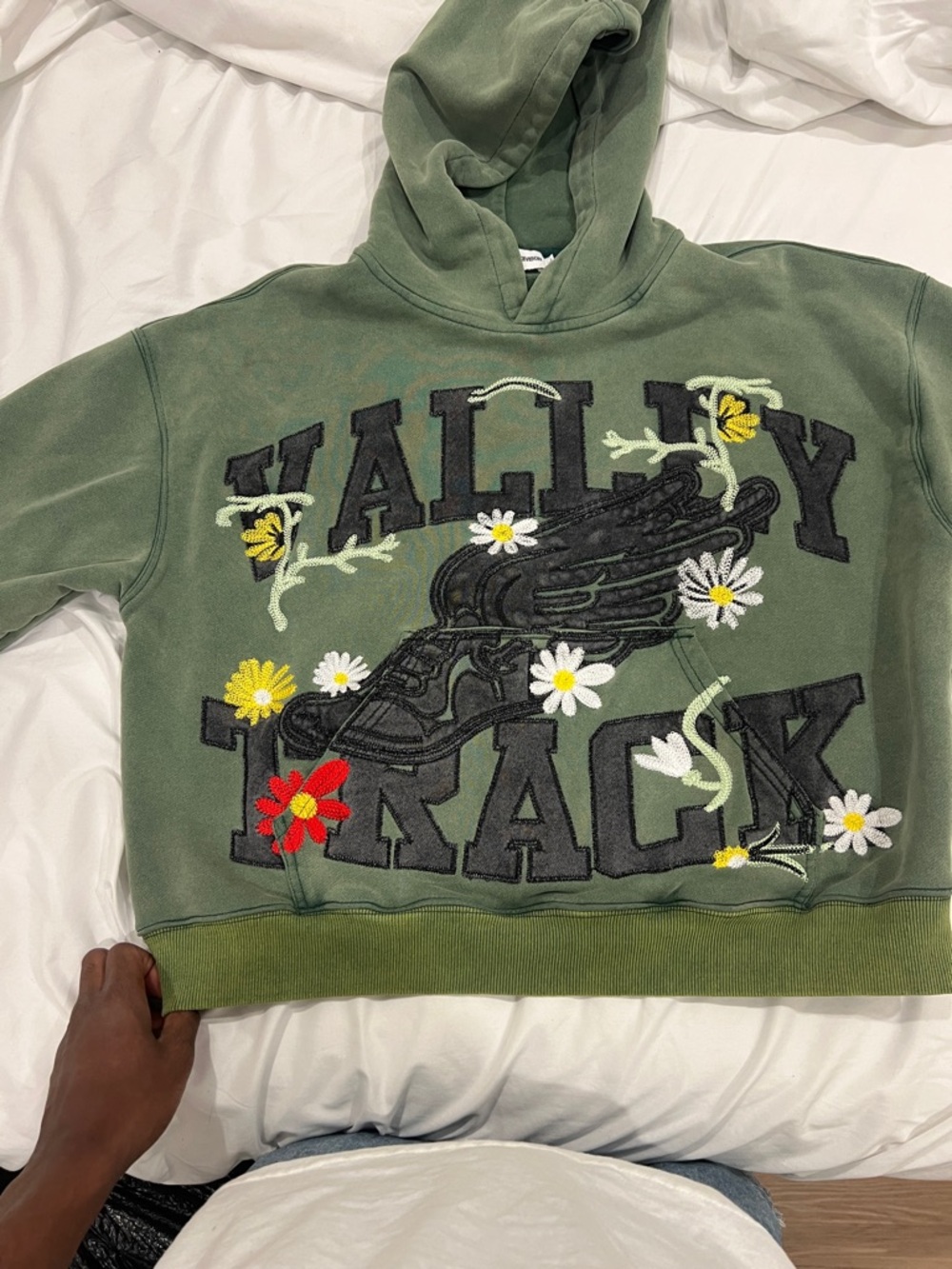 Vale Forever Green Embroidered Graphic Hoodie with Floral Appliqué not for sale
